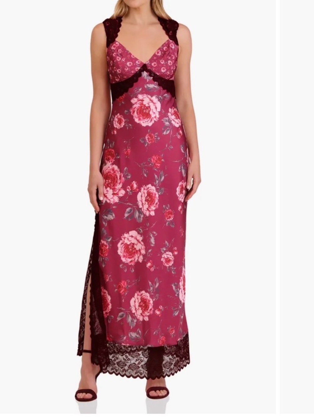 Avec Les Filles Bias Cut Lace Trim Slip roses dress maxi 6 wedding guest